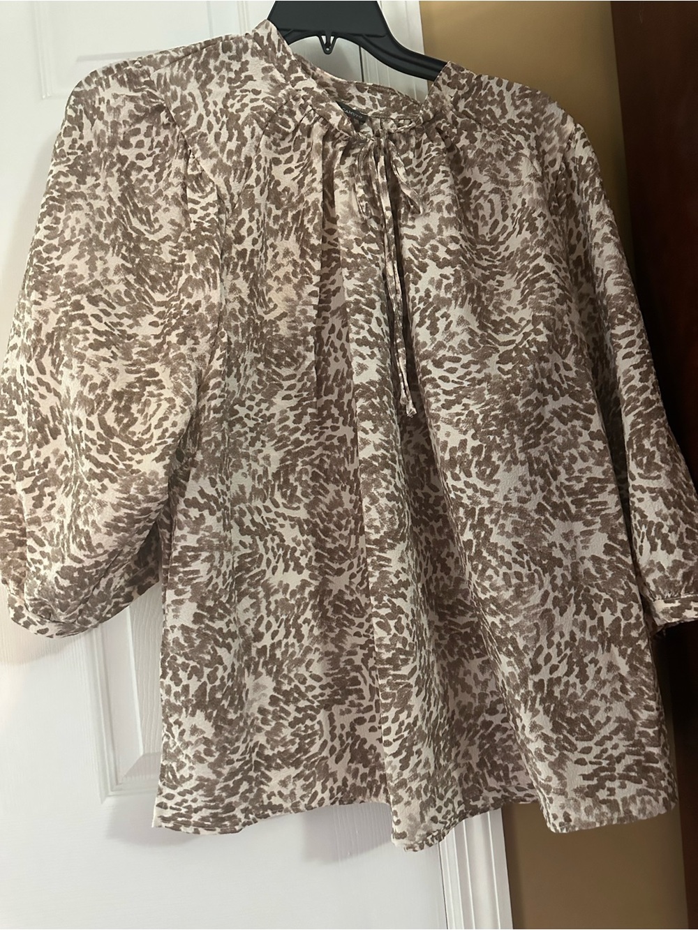 Vince Camuto Cream and Brown Printed Tie-Neck Blouse